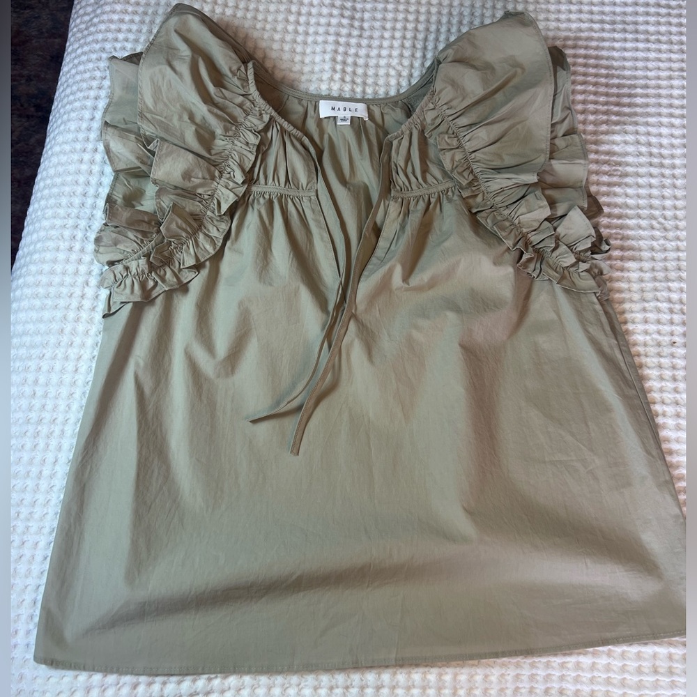 MABLE RUFFLED COTTON TOP SZ Sm SAGE GREEN TIE NECK Dressy OFFICE SIREN COQUETTE